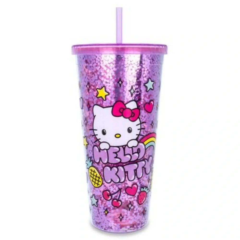 Sanrio Hello Kitty Rainbow Confetti Pink Carnival Cup w Lid/Straw 32 Ounces NEW